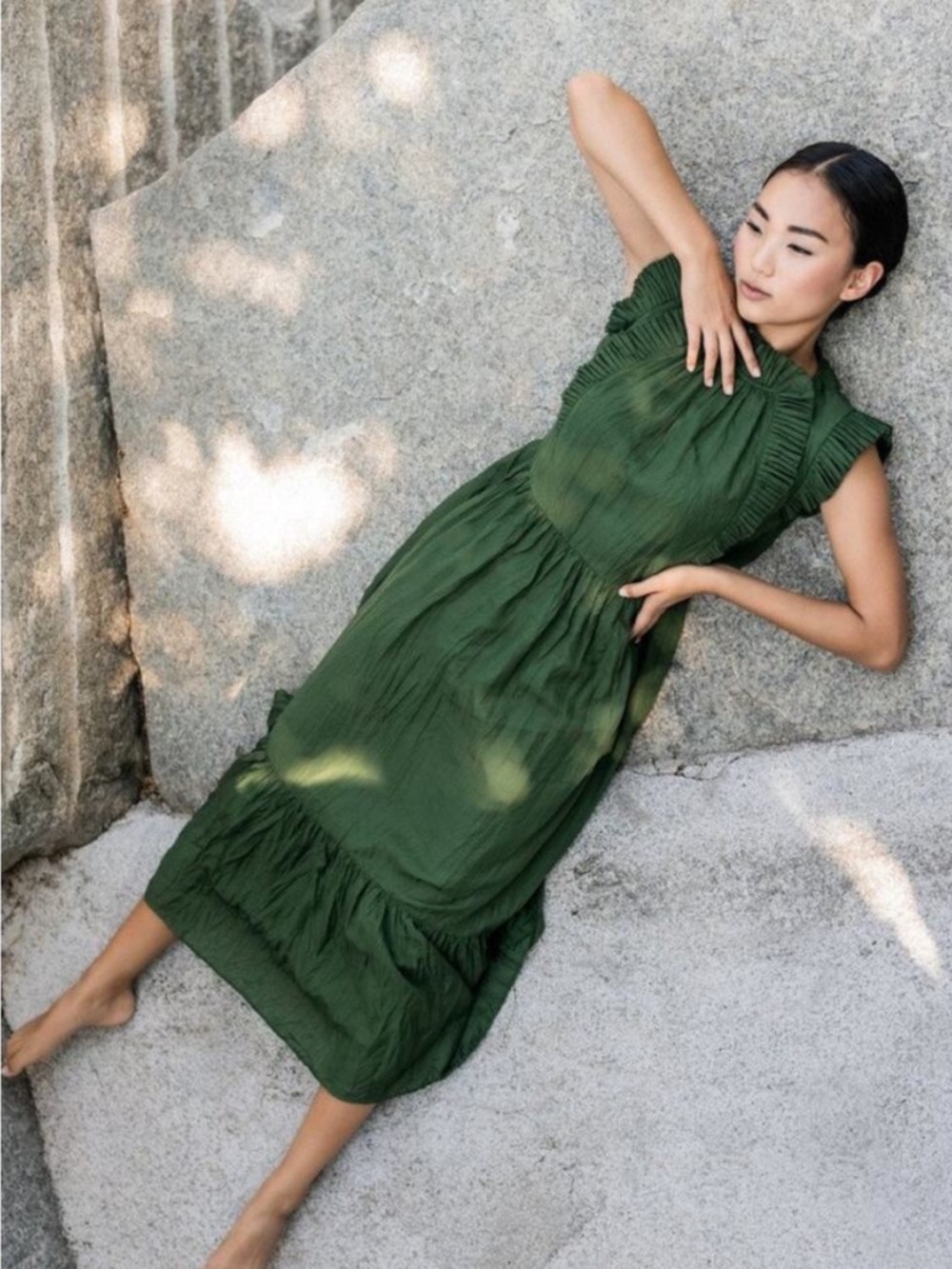 Worn once SEA New York Tessa sleeveless maxi dress emerald green pleated ruffles